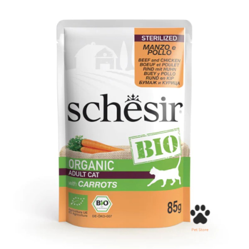 Schesir Bio Organic Cat Pouch Sterilized Beef and Chicken with Carrots